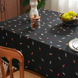 Thick black rectangle tablecloth with colorful candy embroidery and tassel fringe