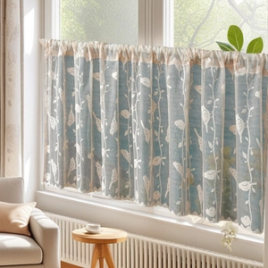 Close-up of double-layer lace cafe curtain with bird embroidery and wave scalloped edges