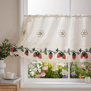 Embroidered strawberry cafe curtain in cream mesh fabric for kitchen windows
