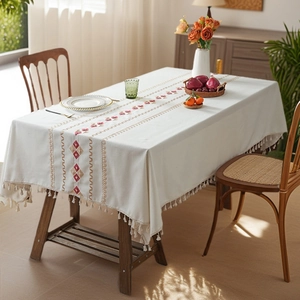 Waterproof Polyester Cotton Embroidered Tablecloth With Tassels Diamond Pattern Dustproof Table Cover For Dining Room