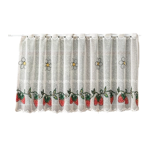 White semi-sheer cafe curtain featuring embroidered strawberry and daisy floral patterns