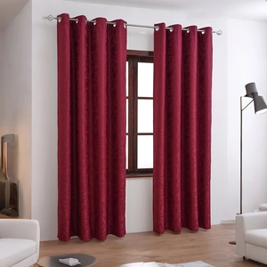 Retro burgundy blackout curtains with floral jacquard pattern and metal grommets in living room