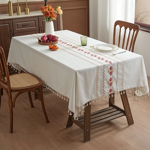 Waterproof cotton linen tablecloth with diamond embroidery and elegant tassels