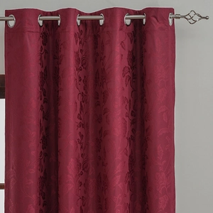 Luxurious burgundy blackout curtains with floral jacquard pattern and silver metal eyelets