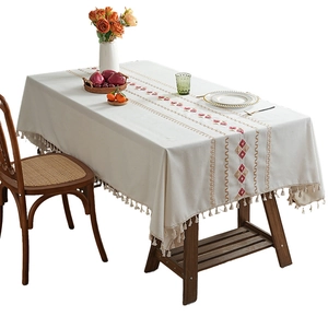 Waterproof beige tablecloth with diamond embroidery and elegant tassels for dining room
