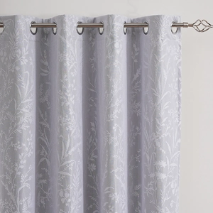 Modern white floral blackout curtains with silver metal grommets for living room and bedroom