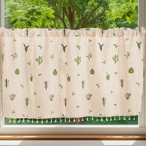 Cactus Embroidery Linen Texture Coffee Curtain For Kitchen Half Window Decorative Tassel Ruffle Valance Farmhouse Style Home Decor