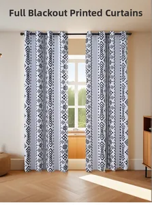 Detail of bohemian geometric print on full blackout curtains with metal grommets