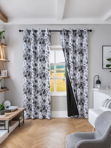 Detail of eyelet curtains featuring black floral patterns and black blackout lining