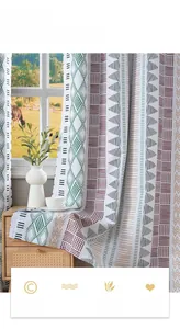 Detail of Nordic geometric printed blackout curtains showing heavy drapes and silk texture