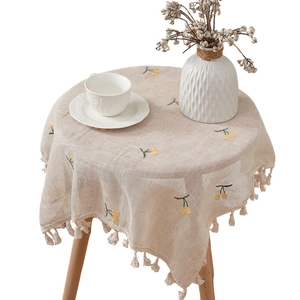 Beige cotton linen tablecloth with yellow cherry embroidery and tassel fringes