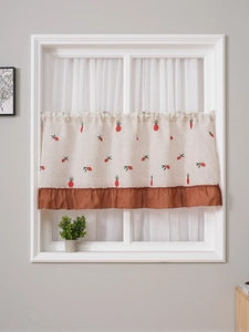 Detailed view of American country cafe curtain with red pineapple embroidery and ruffle edge