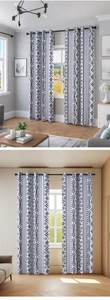 Detail of Nordic grommet blackout curtains with black geometric patterns on white fabric