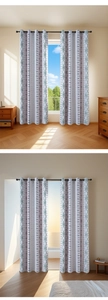Detail of Nordic geometric curtains with blackout lining and metal eyelet rings