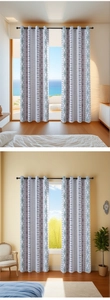 Close-up of geometric striped blackout curtains with metal grommets in a modern room