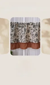 Detail of floral coffee curtain with ruffled edge and vintage beige cotton fabric