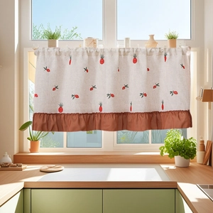 Linen Embroidered Cafe Curtain American Country Pastoral Style Ruffle Hem Strawberry Cactus Pattern Short Window Curtain