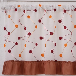Embroidered white sheer cafe curtain with orange patterns and brown ruffled silk border