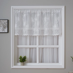 White lace cafe curtain with palm leaf embroidery and scalloped edges for windows