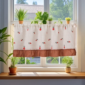 Linen cafe curtain with red pineapple embroidery and brown ruffle trim for windows