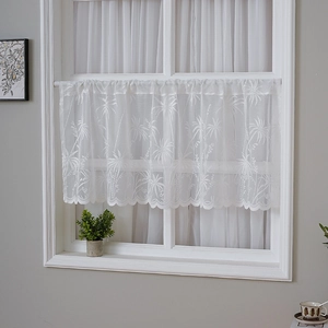 White lace cafe curtain with palm leaf embroidery and scalloped edges for windows