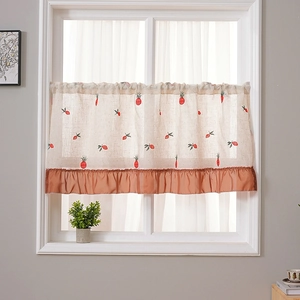 Linen cafe curtain with embroidered red fruit patterns and orange ruffled edge trim