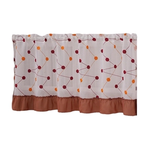 Pastoral white cafe curtain with orange geometric dots and brown ruffled edge for kitchen