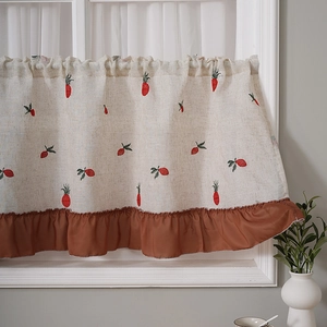 American country style linen cafe curtain with red berry embroidery and caramel ruffle