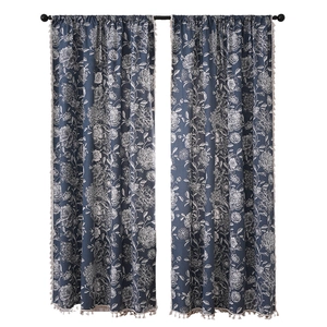 Rideaux rétro de luxe bleu foncé avec motifs floraux blancs et bords à pompons crème