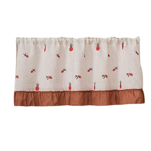 Linen cafe curtain with pineapple embroidery and ruffled hem in country cottage style