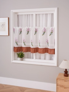 Detailed close-up of lavender embroidery and caramel ruffle on white cafe curtain