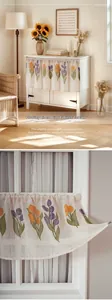Detailed close-up of textured linen cabinet curtain with elegant tulip floral print