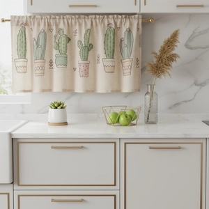 Detail of linen valance with cactus prints on white marble kitchen background