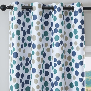 Nordic blackout curtains with blue watercolor dot patterns and silver grommet rings