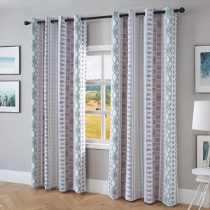 Nordic blackout curtains with bohemian geometric patterns and metal grommets in a modern room