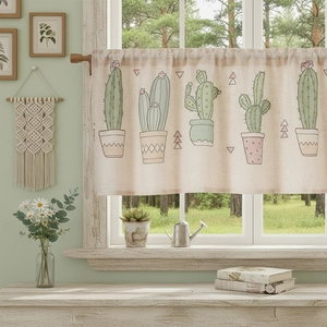 Linen coffee curtain with cactus print for kitchen windows and cabinet dividers