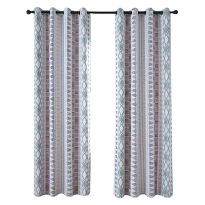 Nordic blackout curtains with geometric ethnic patterns in dark green and beige