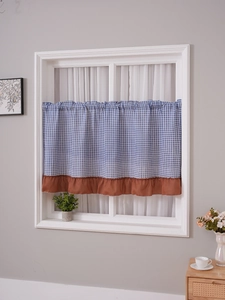 Blue and white checkered cafe curtain with brown ruffled hem for cabinets and windows