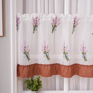 Pastoral cafe curtain with lavender embroidery and romantic ruffled hem for windows