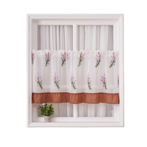 White cafe curtain with lavender embroidery and rustic orange ruffle trim for kitchen