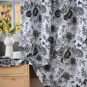 Nordic minimalist blackout curtains with vintage black and white floral sketch patterns