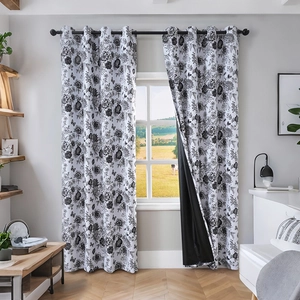 Nordic blackout curtains with black and white floral prints and metal eyelet design