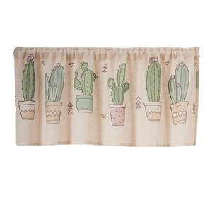 Linen coffee curtain with cactus print for kitchen cabinets and home decoration