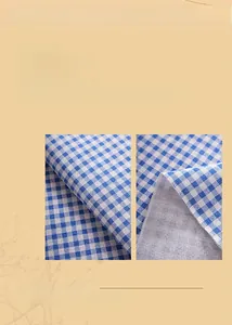 Detailed close-up of blue and white checkered cotton linen fabric with fine woven texture