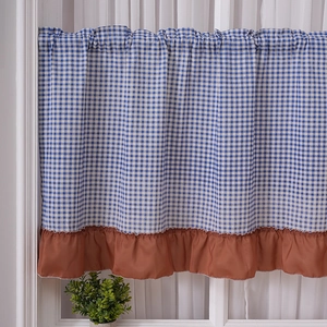 Blue and white plaid cabinet curtain with brown pleated lace trim for home dust protection