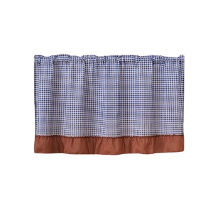 Blue and white checkered cafe curtain with a red-brown pleated border for kitchen cabinets
