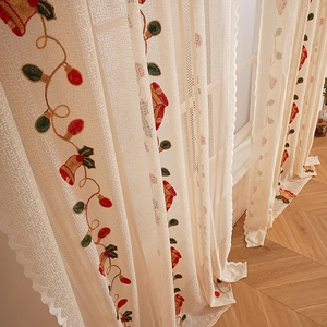 Christmas embroidered linen-feel sheer curtain with festive bell patterns and wavy edges