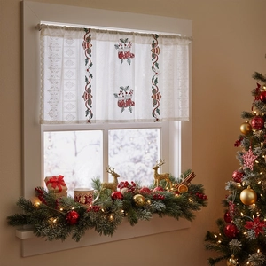 Christmas lace cafe curtain with bell embroidery and holiday patterns for windows