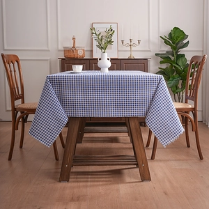 Blue and white checkered table cloth in rustic linen fabric for rectangular dining table