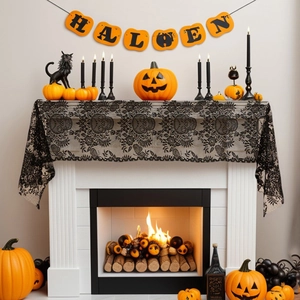 Halloween black lace table runner with skull and floral patterns on a white fireplace